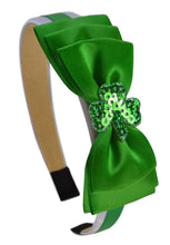 Load image into Gallery viewer, Satin Bow St Patricks Day Arch Headband with Sequin Shamrock
