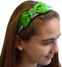 Load image into Gallery viewer, Satin Bow St Patricks Day Arch Headband with Sequin Shamrock
