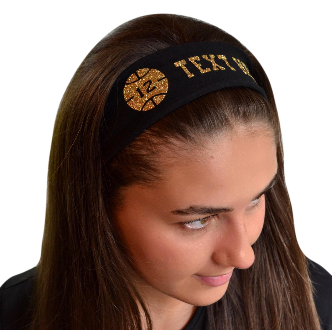 No Slip Basketball Headband with Custom Name and Number in Sparkling Glitter Text
