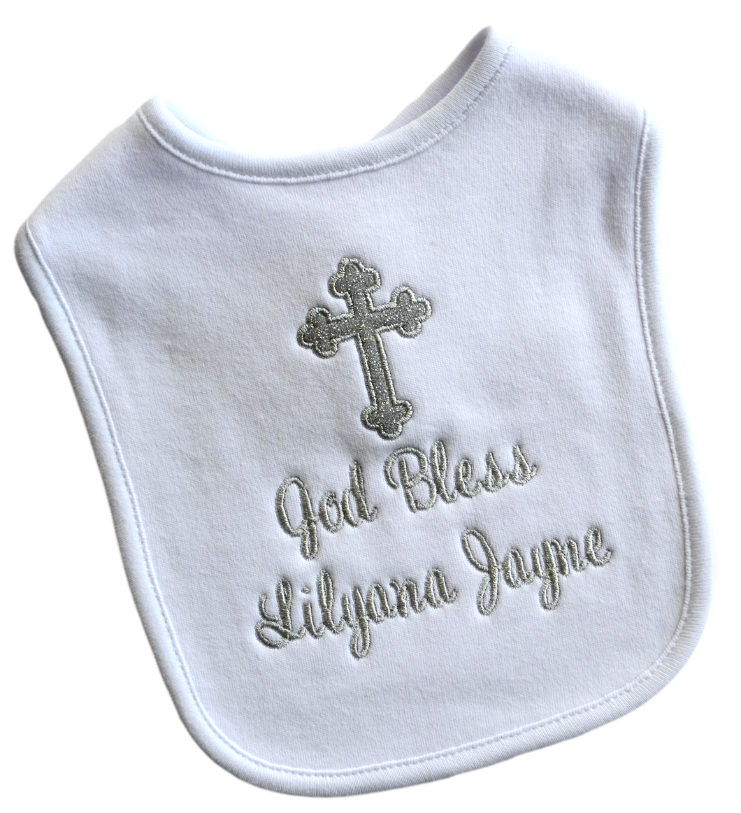 Sparkling Cross Christening Bib for Babies Personalized and Embroidered Name and Baptism Date