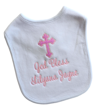 Load image into Gallery viewer, Sparkling Cross Christening Bib for Babies Personalized and Embroidered Name and Baptism Date
