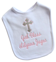 Load image into Gallery viewer, Sparkling Cross Christening Bib for Babies Personalized and Embroidered Name and Baptism Date
